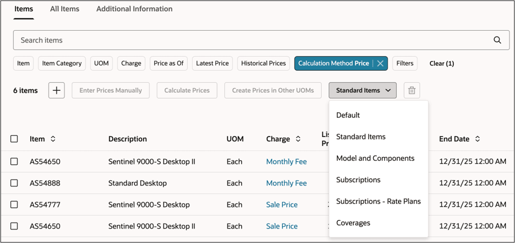 Filter, view, and manage items according to type, such as standard items, models, subscriptions, or coverages. Apply the filter, and the page will display a view that's specific for the type