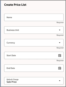 Select a default charge when you create a price list, then the work area will display that charge as the default value on other set ups
