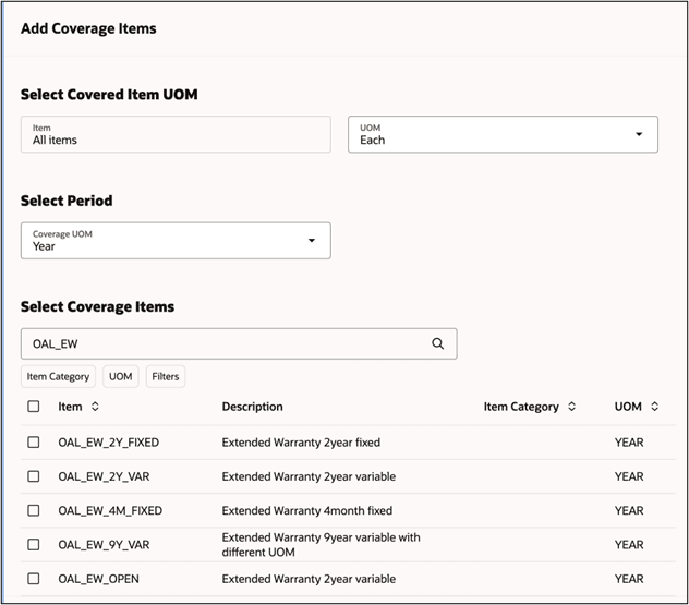Add Coverage Items dialog