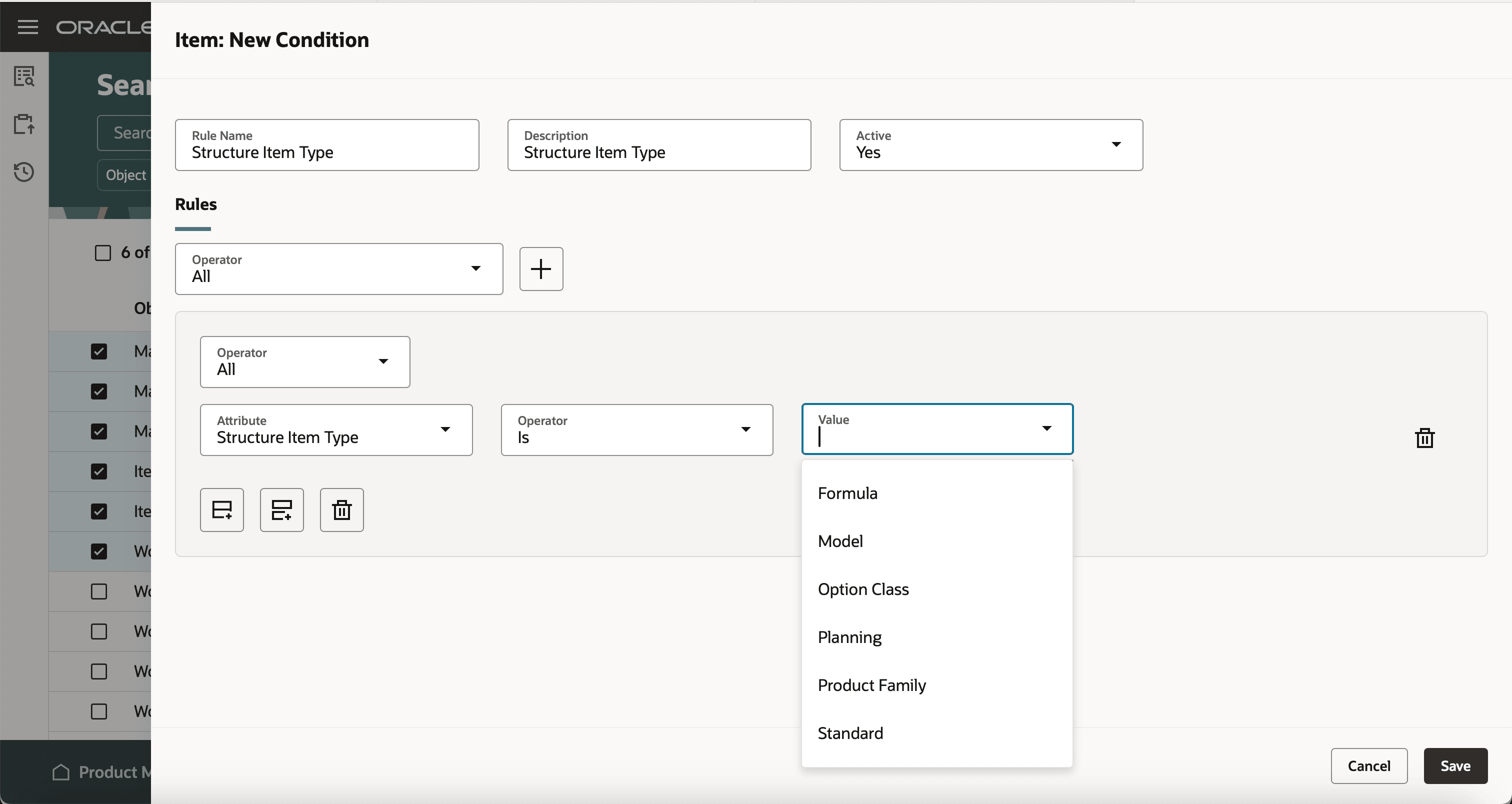 Structure Item Type Attribute in the New Condition Drawer