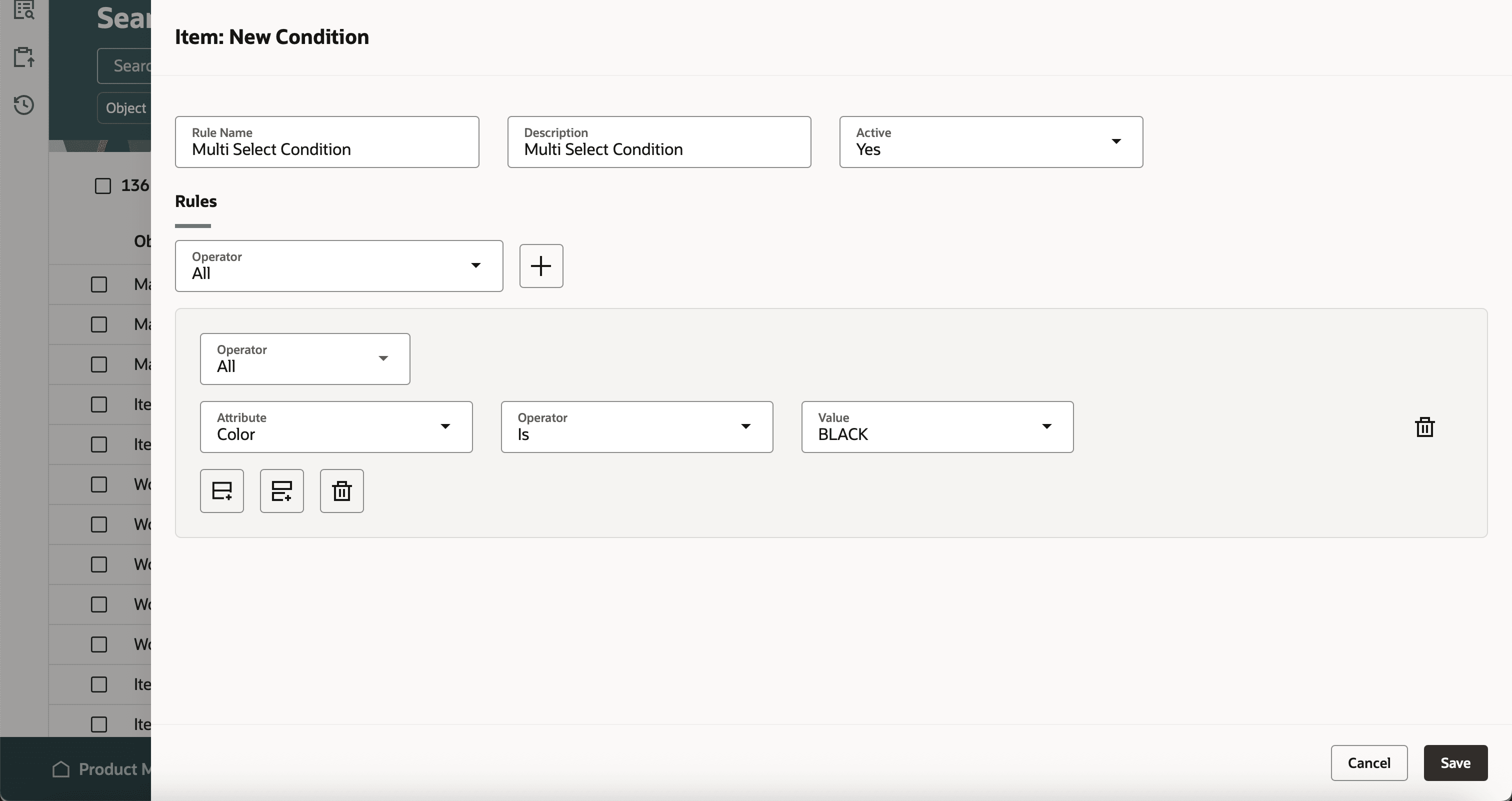 Multiselect Attribute Named Color in New Condition for an Item