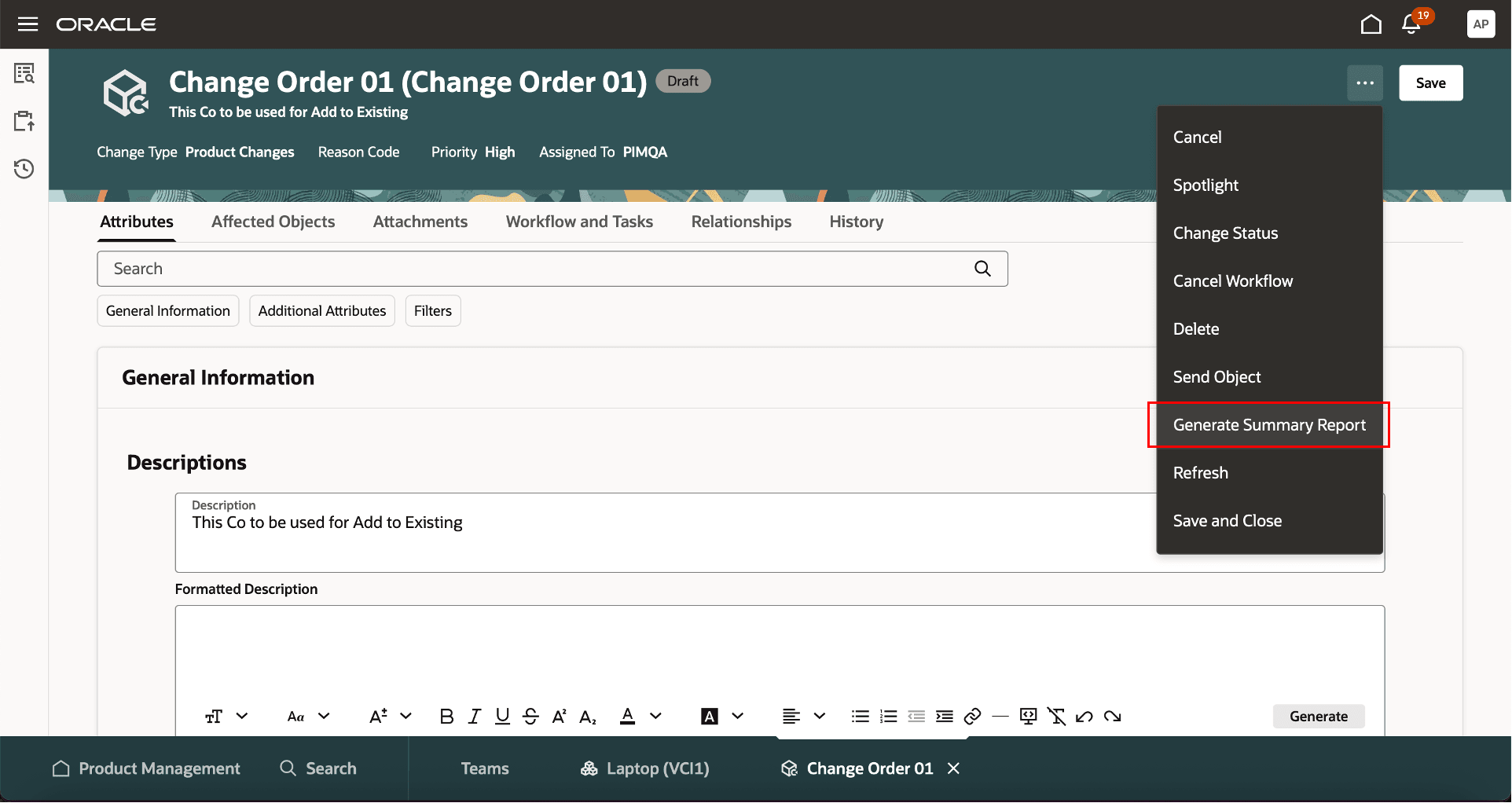 Generate Summary Report Action on the Change Order