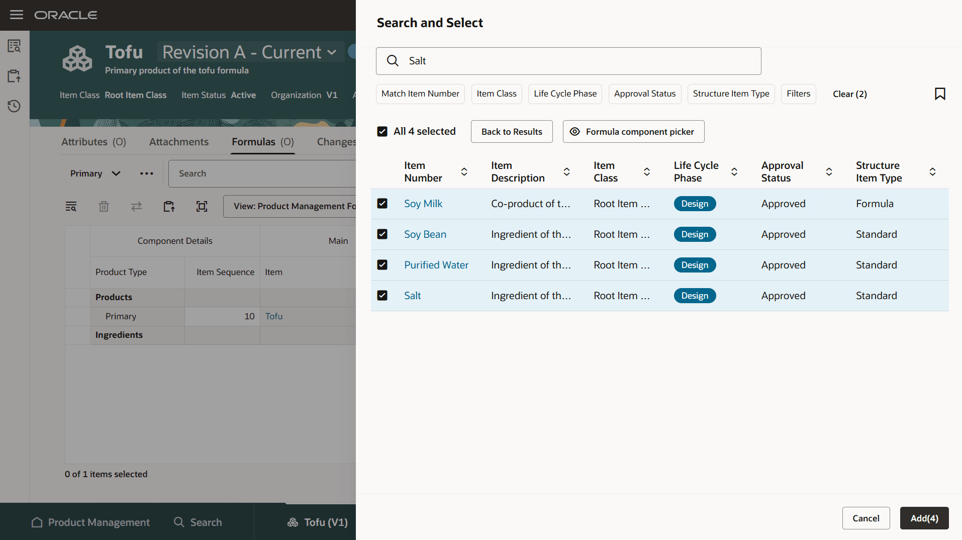 Use Show Selected to Review Selected Products and Ingredients Prior to Adding to a Single Level Formula