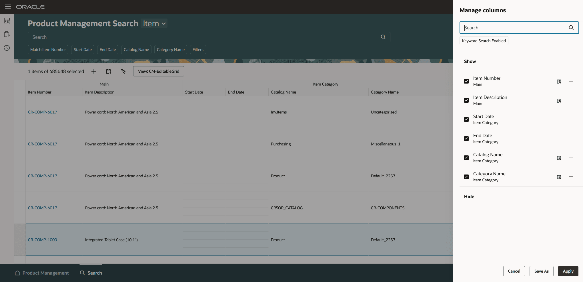Search for Attributes in Manage Columns Drawer