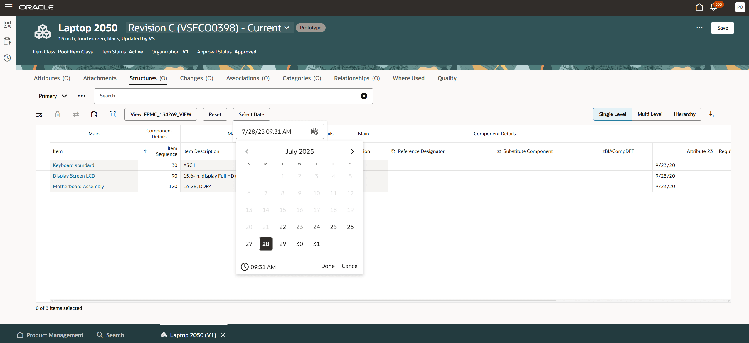 Date Selector in a Structure for Current Revision