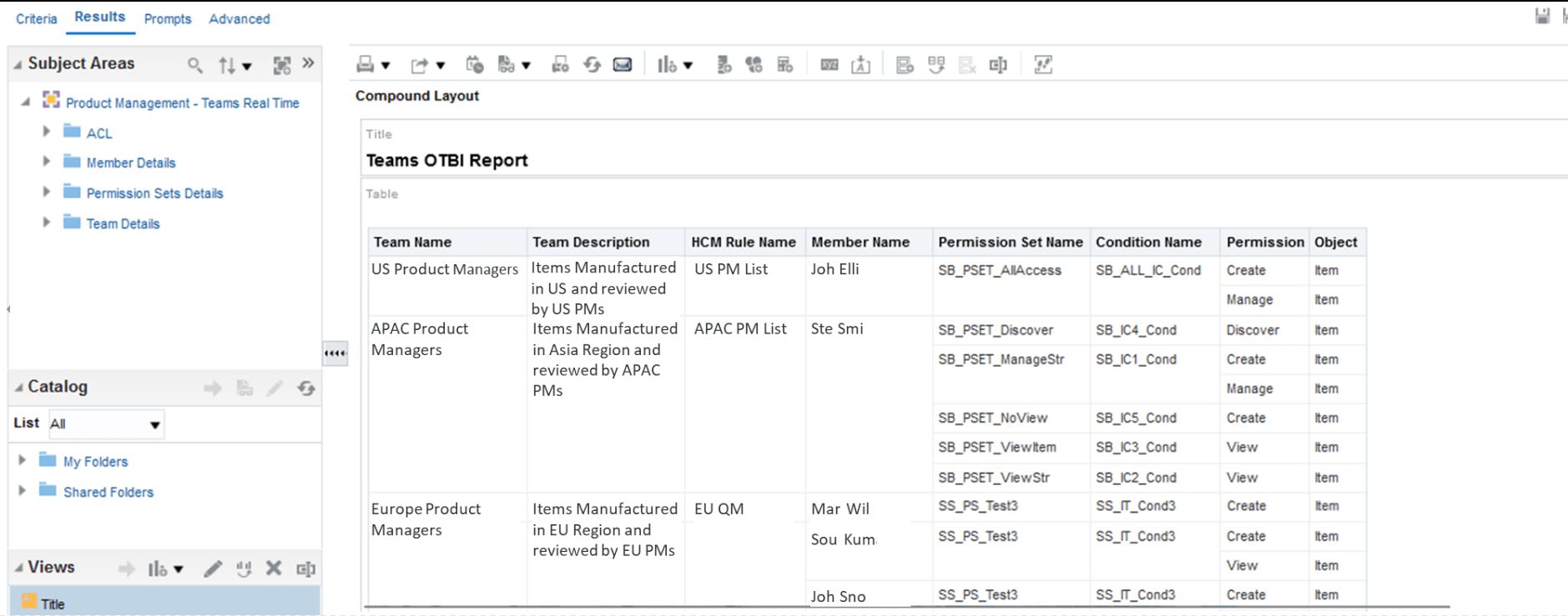 An example of a report to show one of the ways you can use the new subject area to analyze and verify the team configuration.