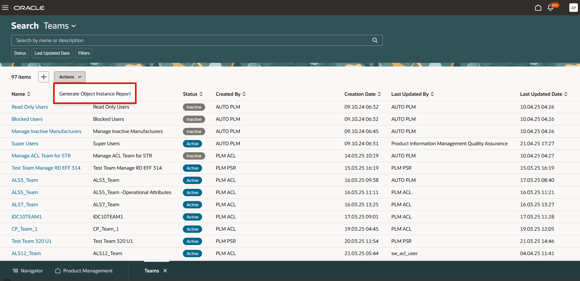 Select Generate Object Instance Report from the Actions Menu