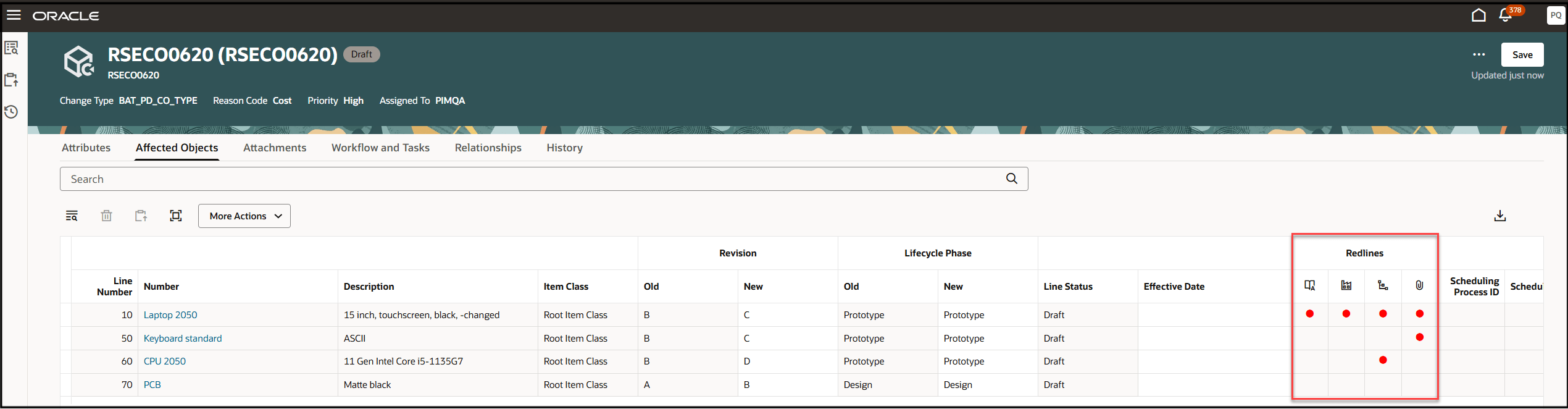 Data Presence Indicators in an Engineering Change Order