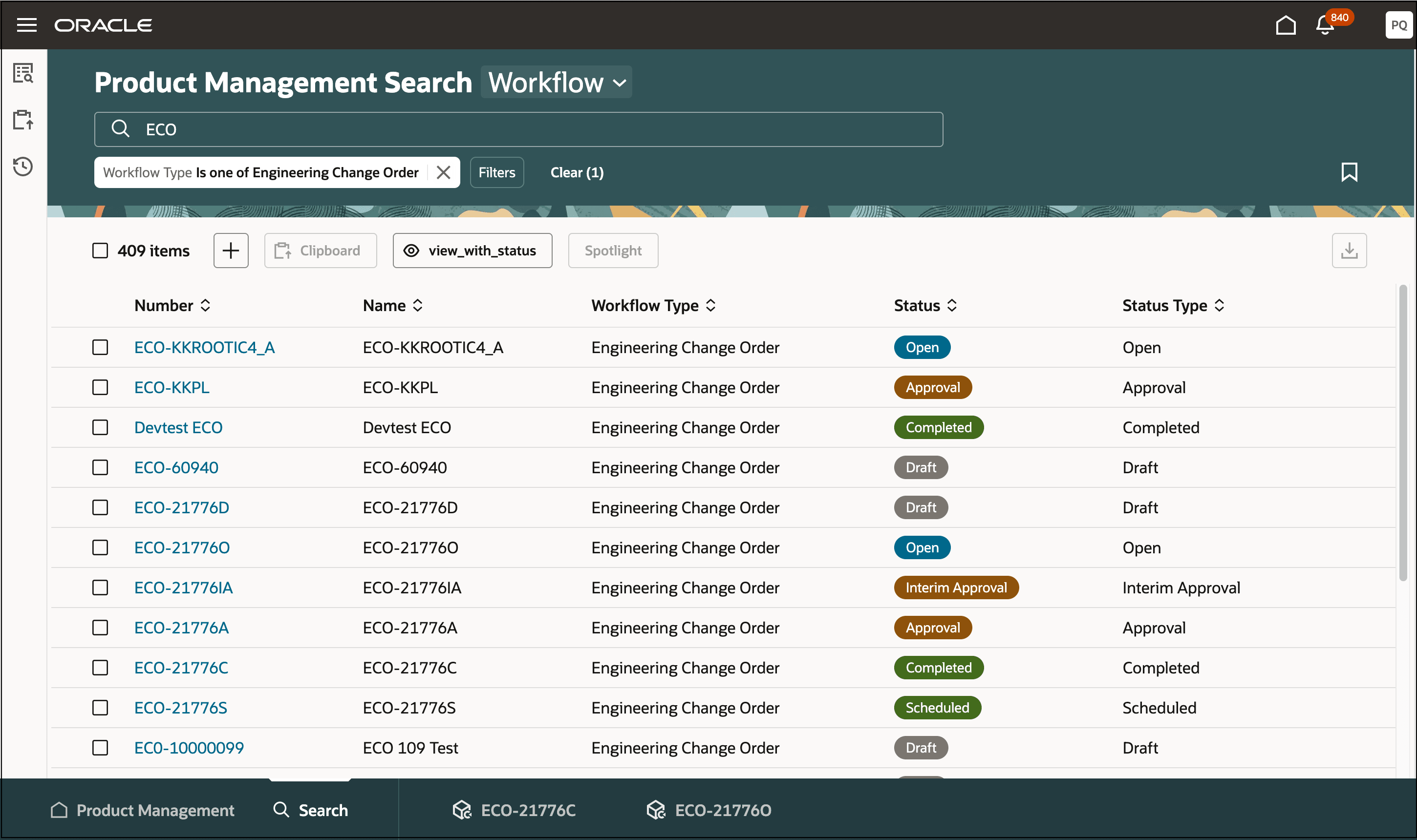 Color Codes in the Status Column on Workflow Search