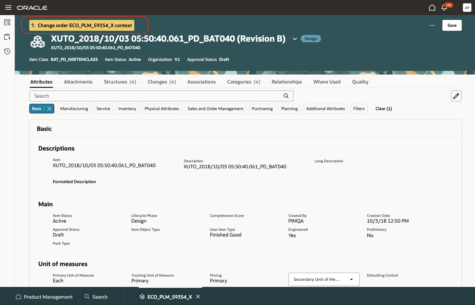 Edit Item Within Change Order Context