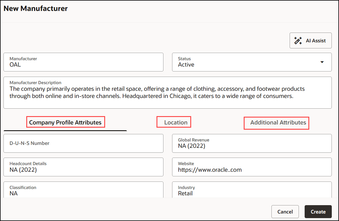 Create Manufacturer with Company Profile Attributes, Location and Additional Attributes tabs.