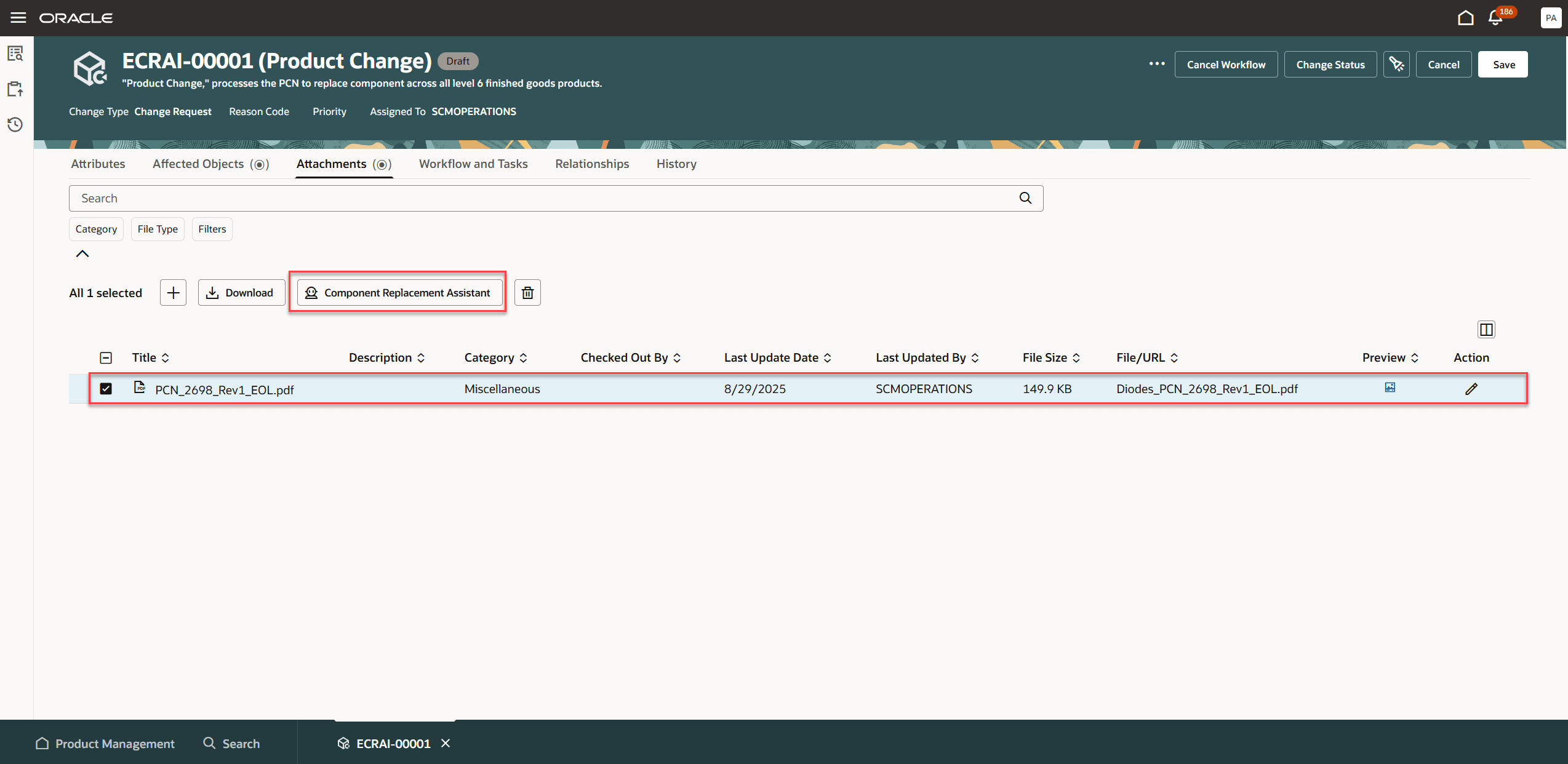 Select Change Notification Document and Click Component Replacement Assistant to Trigger the AI Agent