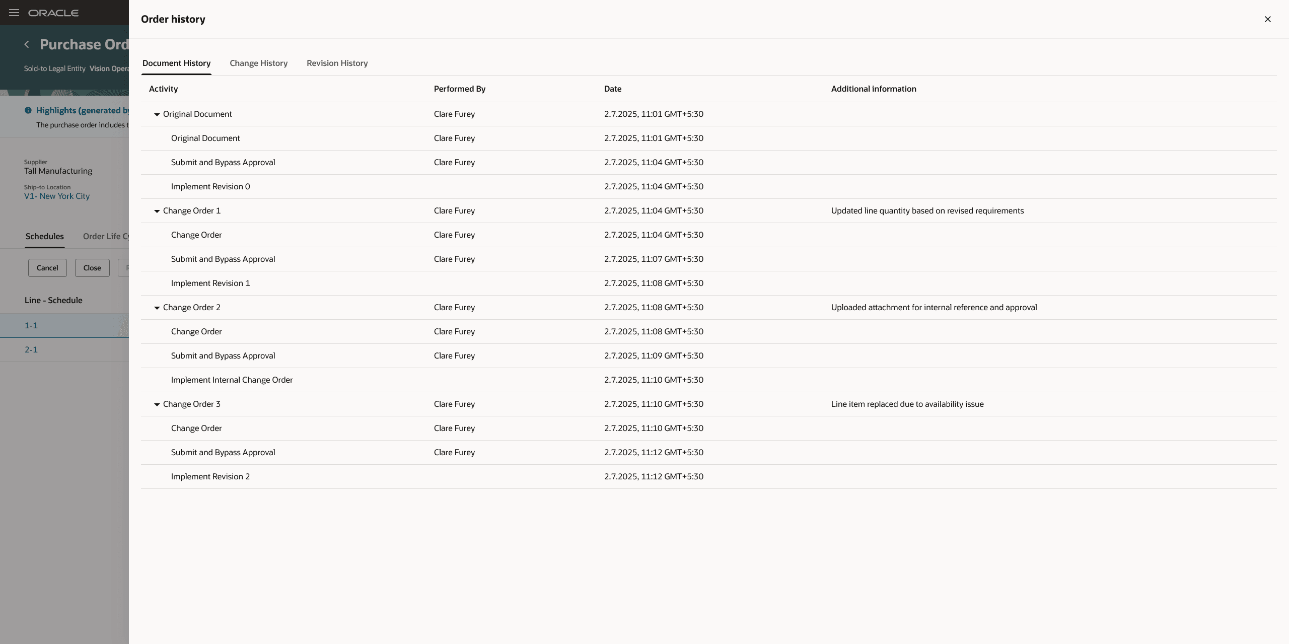 Document History Tab on Order History Drawer