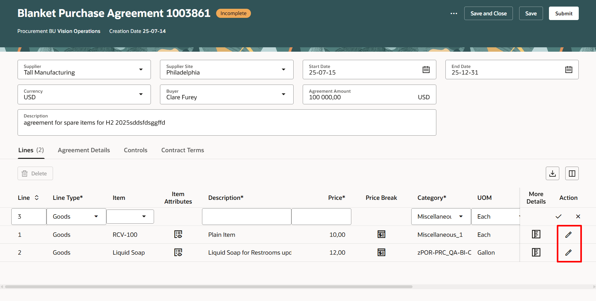 Edit Purchase Agreement Line Using the Row-level Edit Option