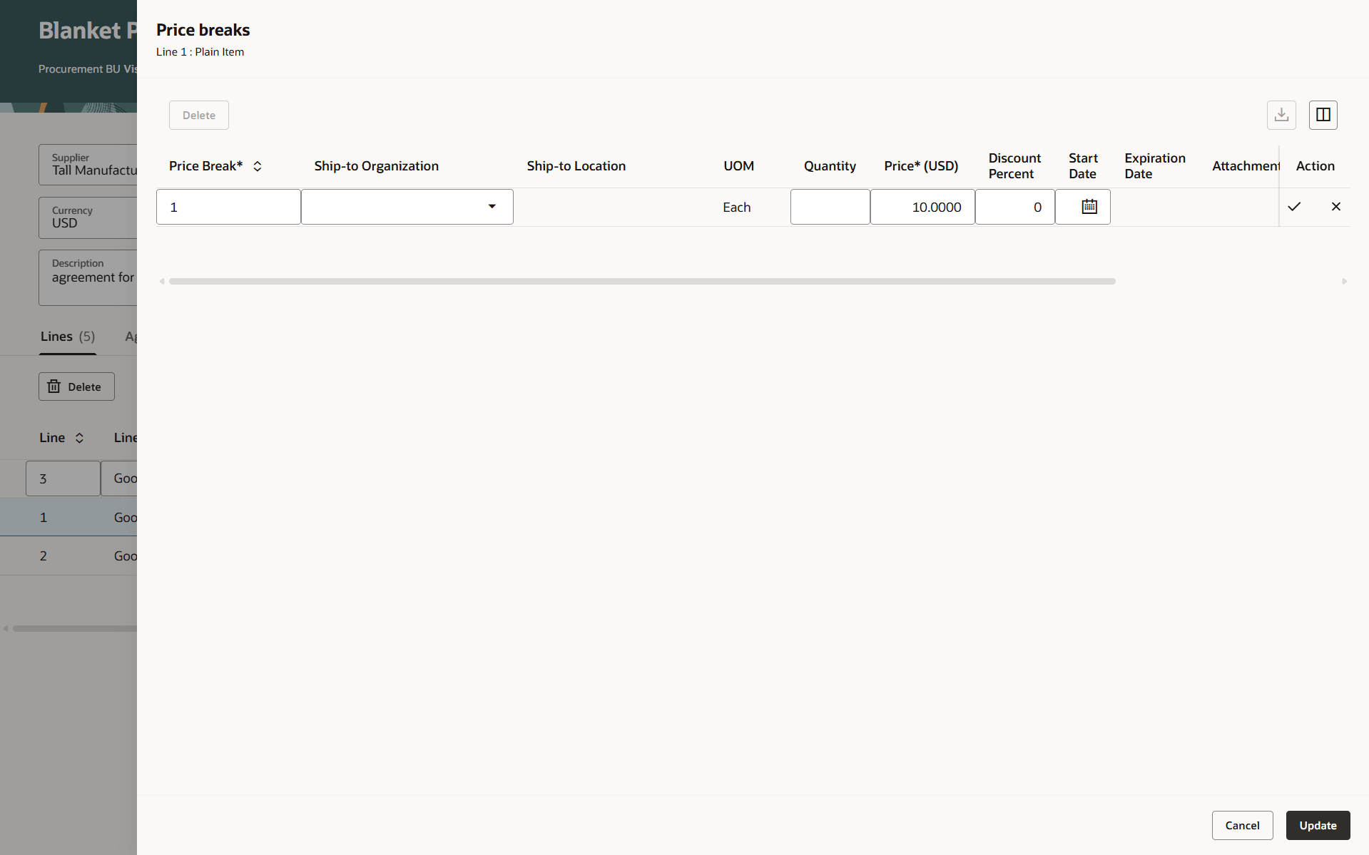 Enter Price break Attributes for a purchase agreement line. Empty Default Row in the Purchase Agreement&nbsp;Lines Tab with the Row-Level Check Mark and Cross Icons