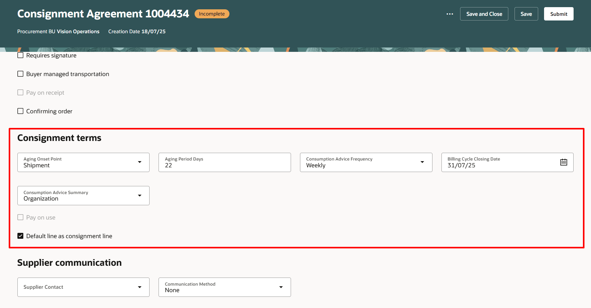 Consignment Terms section will be available in Agreement Details Section For Document Style With Consignment Terms Enabled