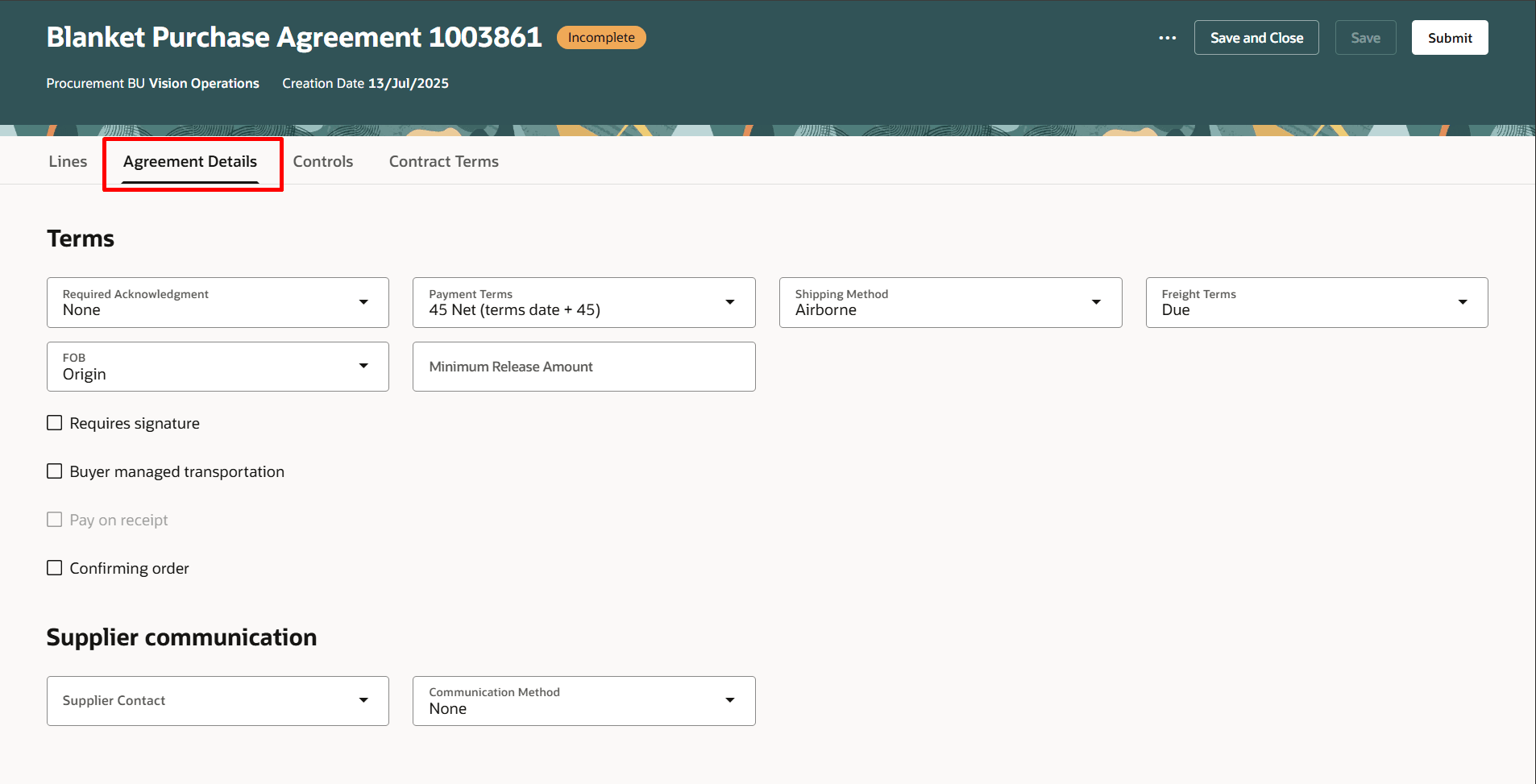 Navigate to the Agreement Details tab to specify terms, communication method, related documents on the purchase agreement header.