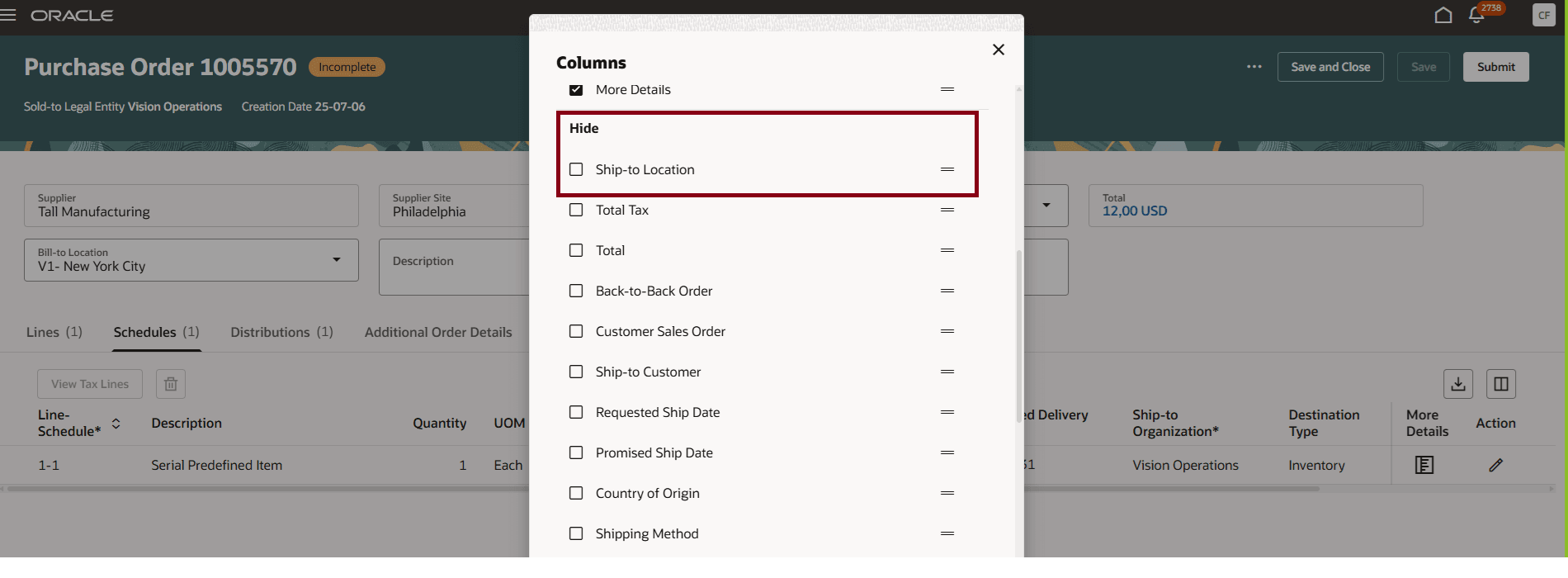Ship To Location Attribute Displayed as Hidden by Default in Column Management