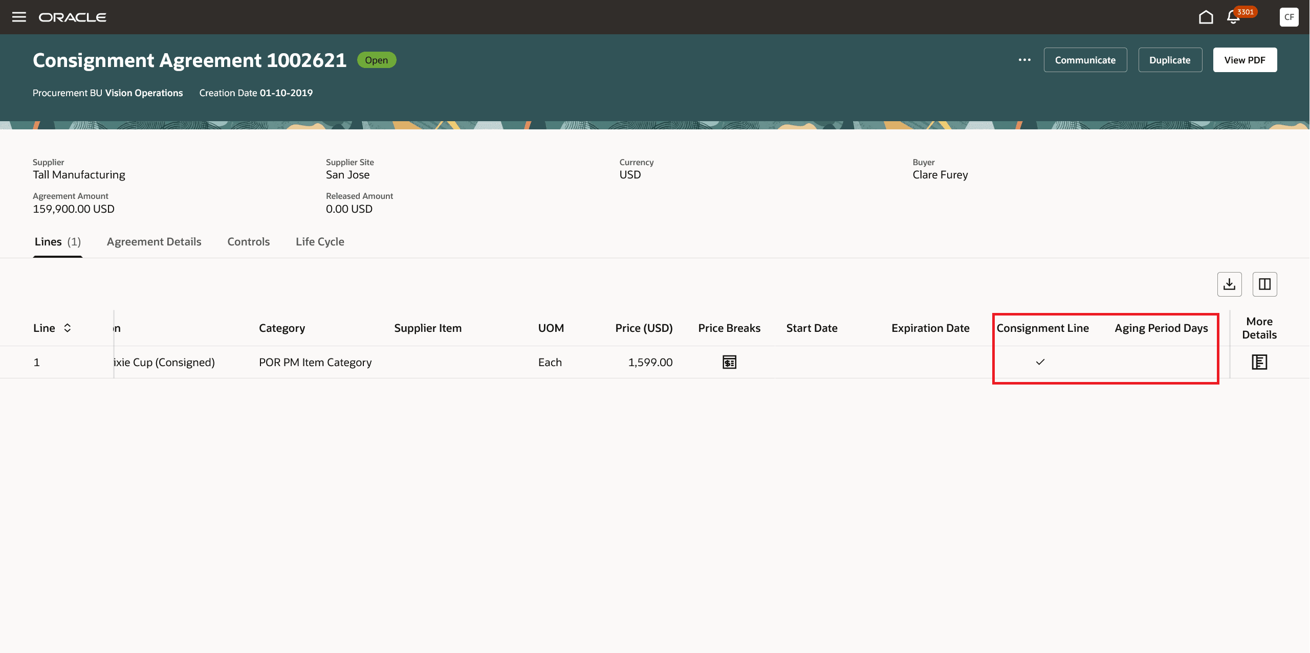 Consignment Line Checkbox and Aging Period Days on Consignment Agreement Line