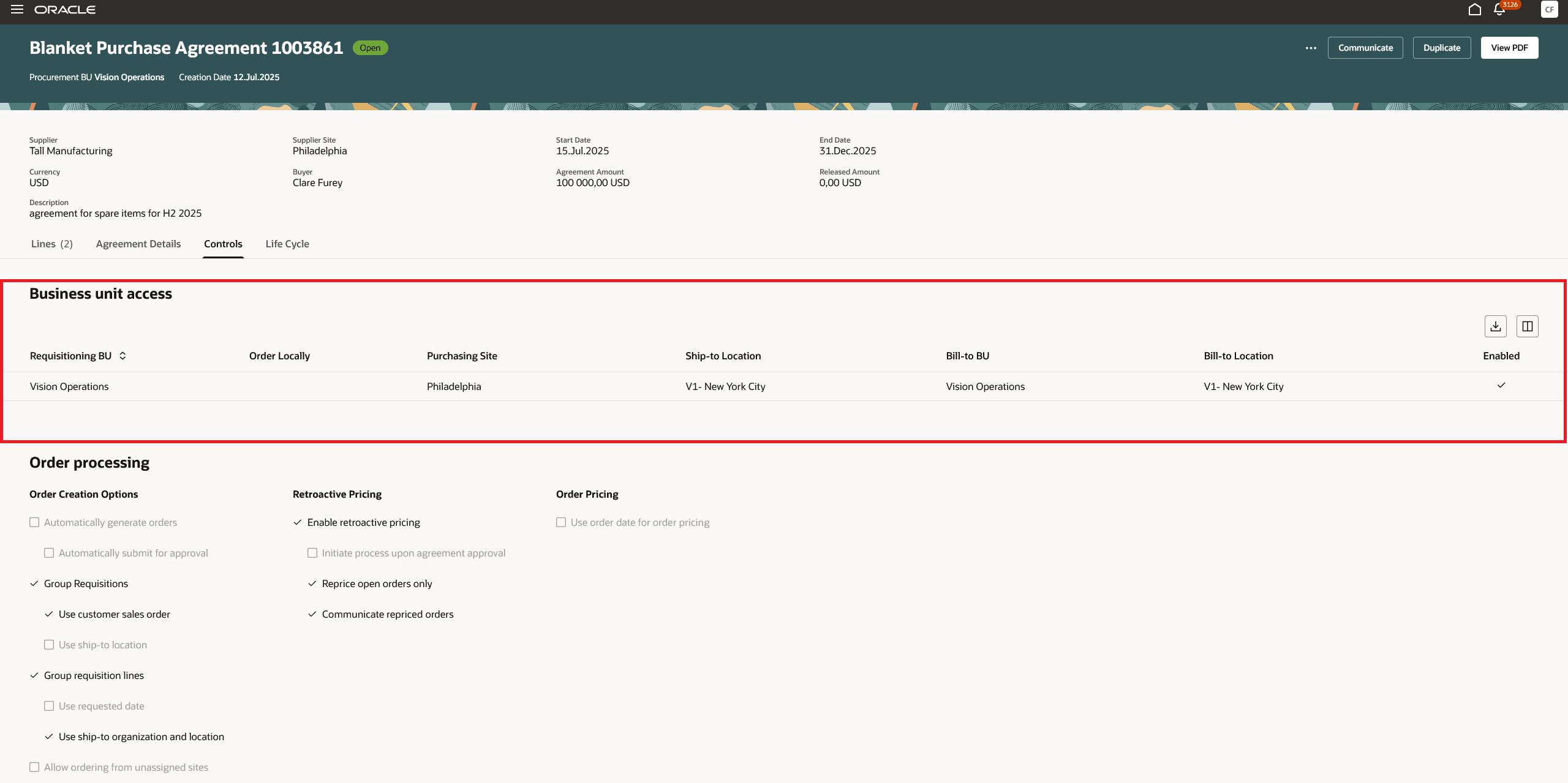 Business Unit Access Under Controls Tab