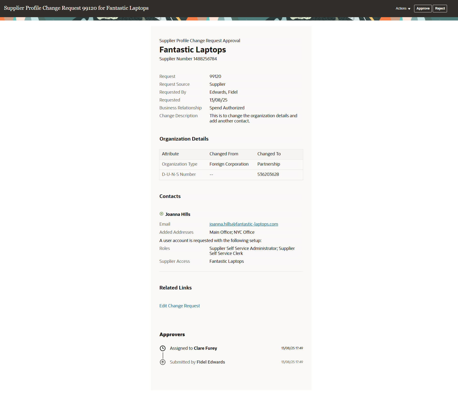 Supplier Profile Change Request Approval Notification Initiated by a Supplier User