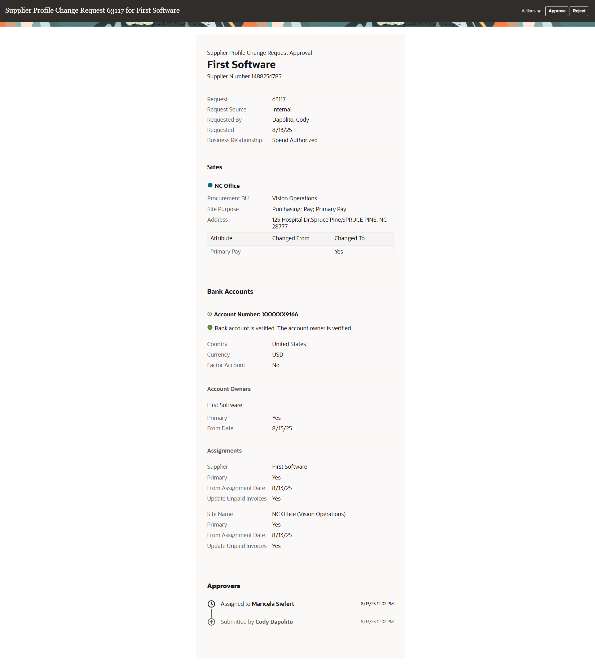 Supplier Profile Change Request Approval Notification Initiated by an Internal User