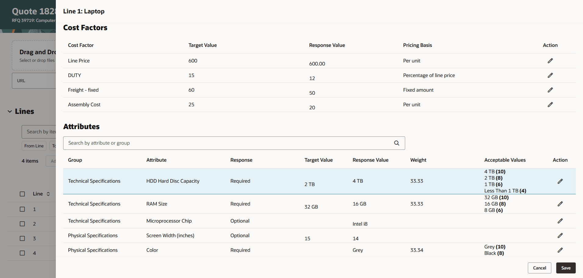 Enter Response Values to Line Details