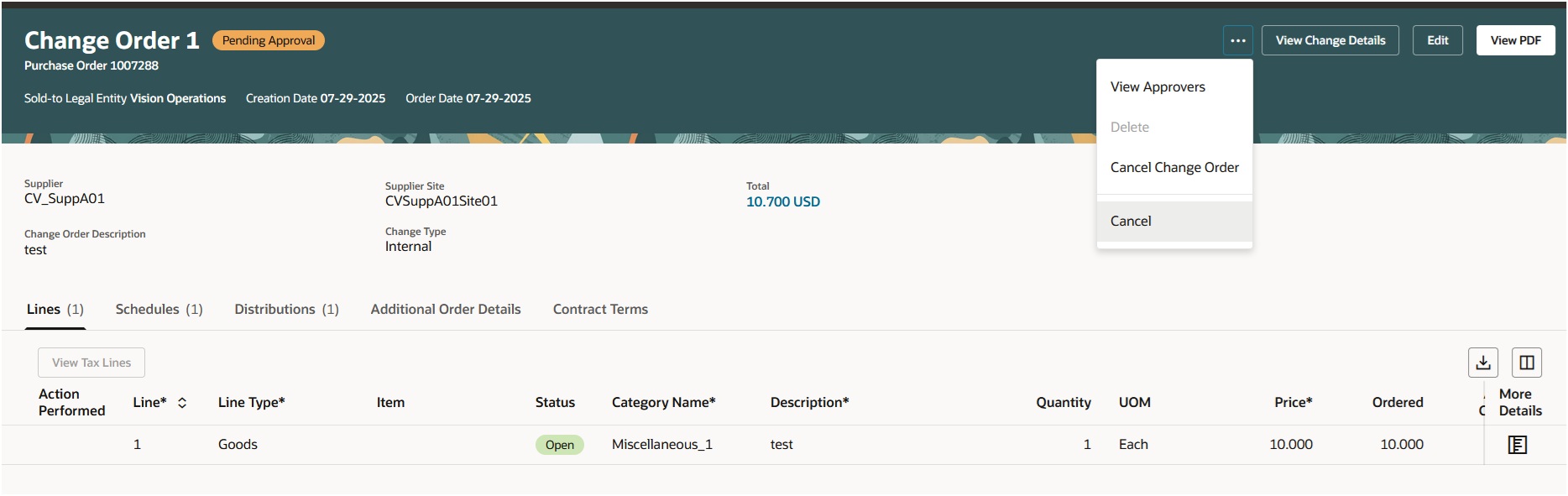 Actions on View Change Order