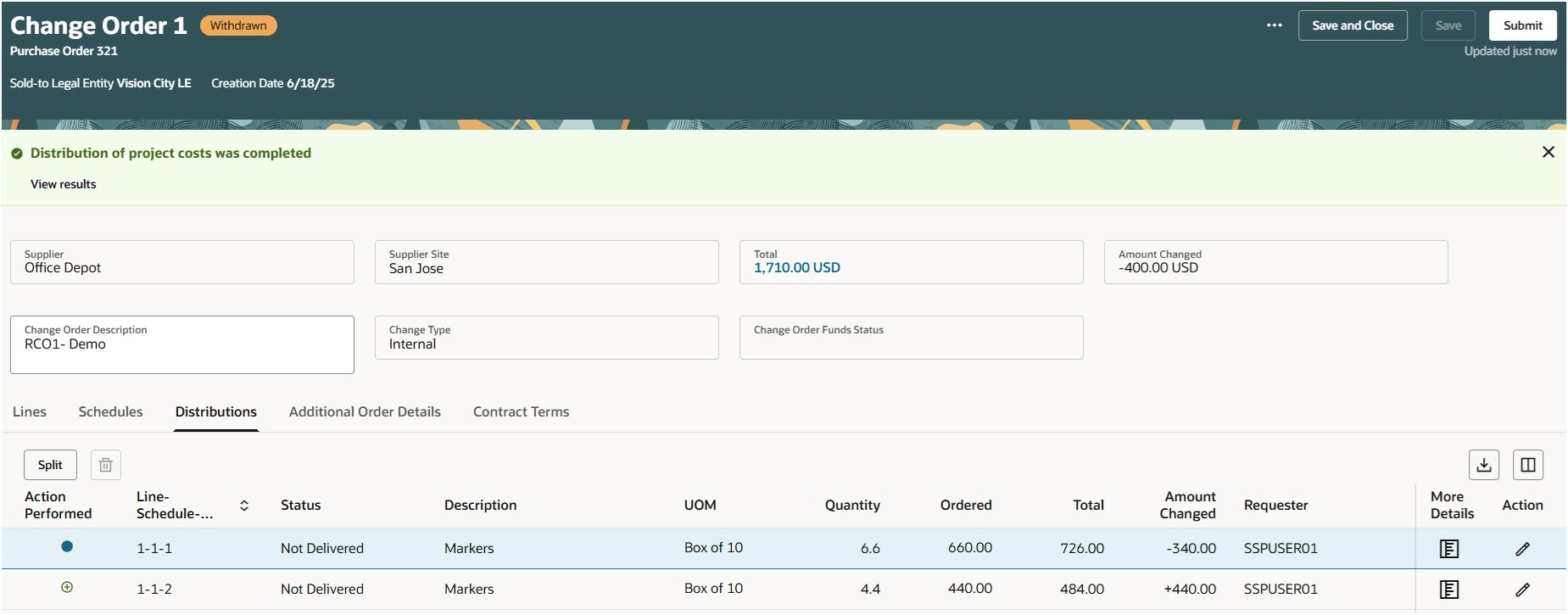 Project Cost is Distributed as per the Setup