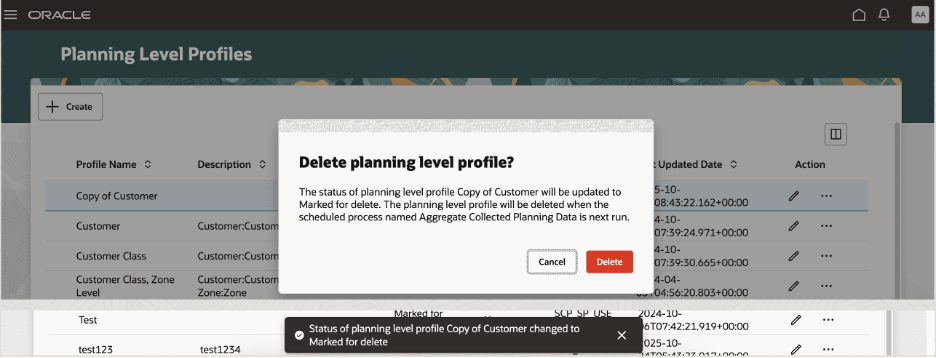 Warning and Confirmation Messages for Deleting Planning Level Profile