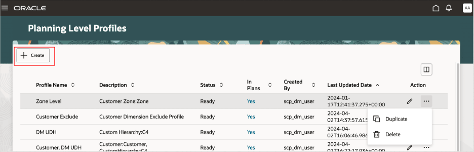 Create Button on Planning Level Profiles Page