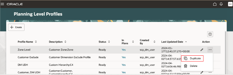Duplicate Option on Planning Level Profiles Page