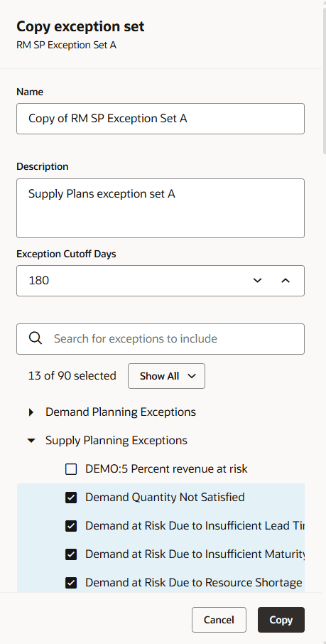 Copying an Exception Set