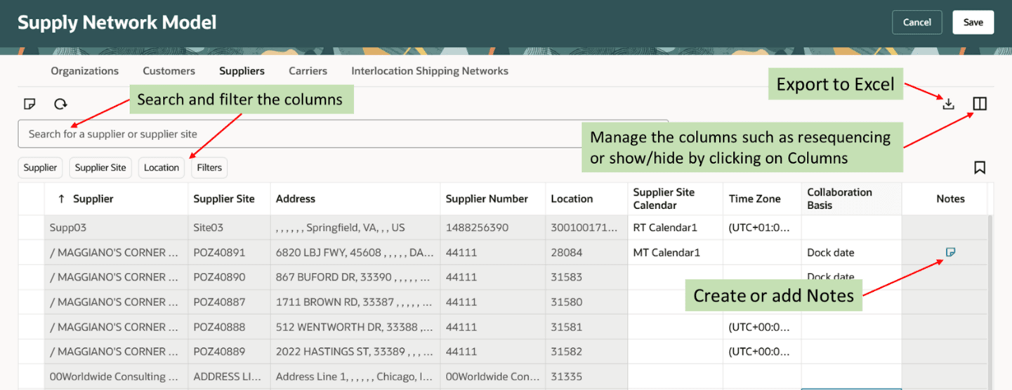 Actions available in Suppliers Tab