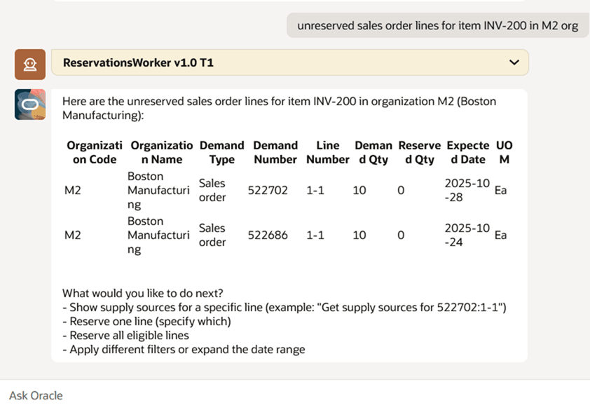 Search unreserved sales order lines for an item in an organization