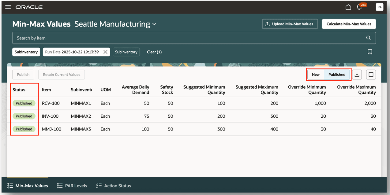 Publish Min-Max Quantities