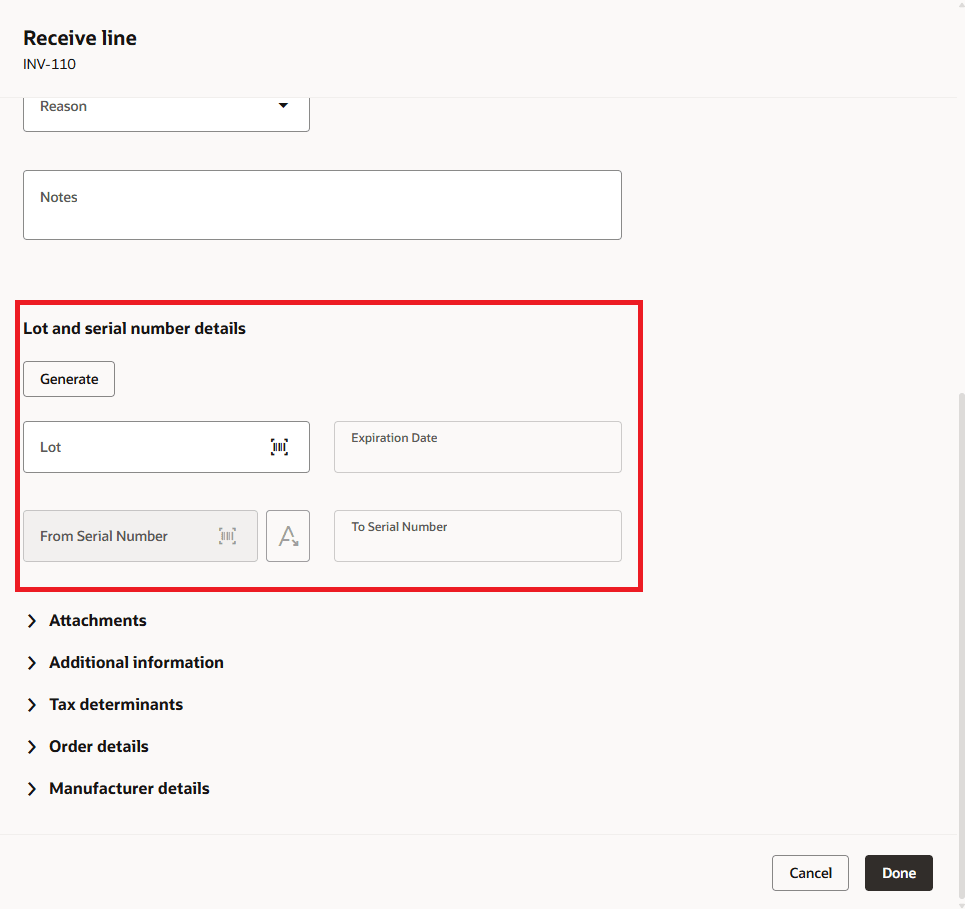 Lot and serial number details section available in Receive line drawer