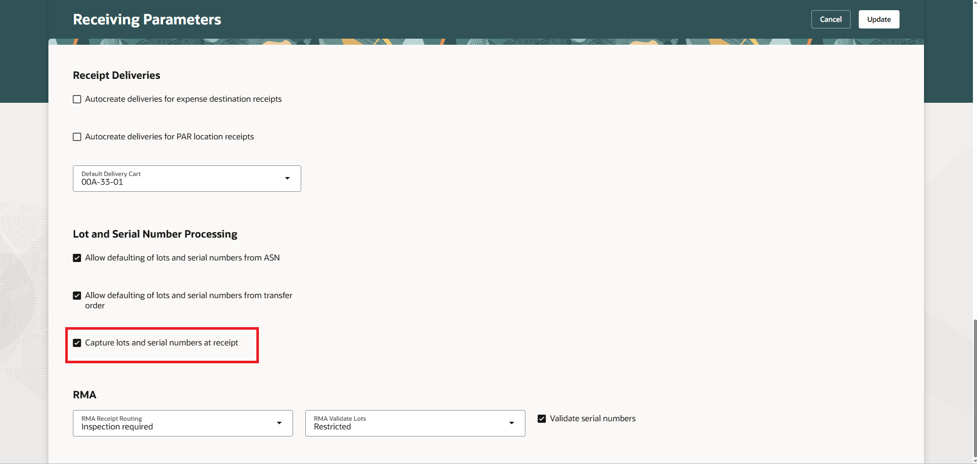 Receiving Parameters - Capture lots and serial numbers at receipt