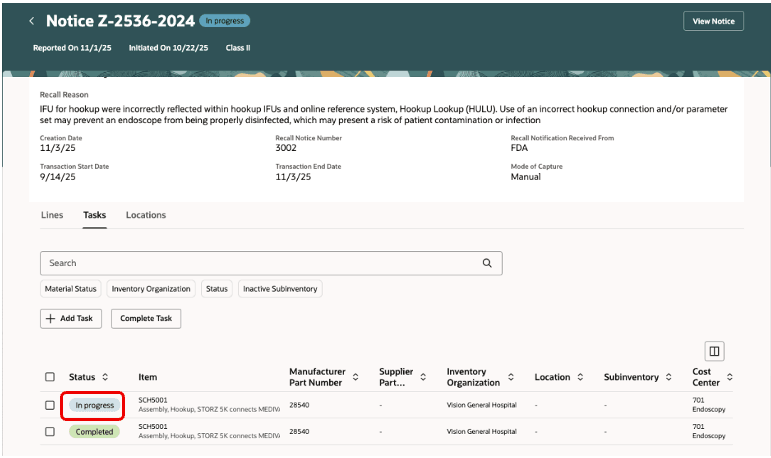 Containment task for expense location in In-progress status