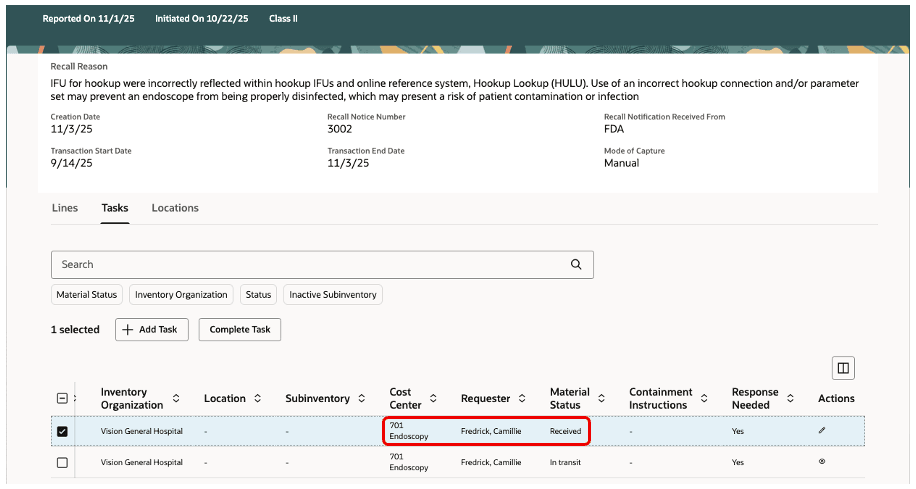 Containment task for expense location showing the requester