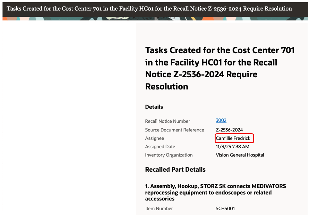 Notification content for the containment task with expense location