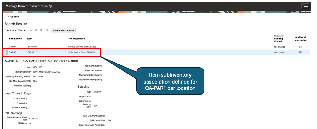 Par Item subinventory association
