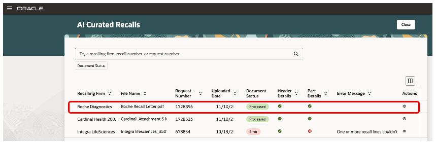AI curated recall processing status