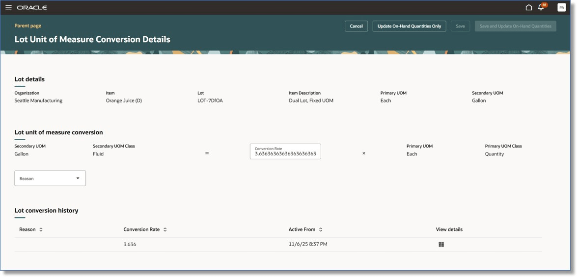 Lot Unit of Measure Conversion Page