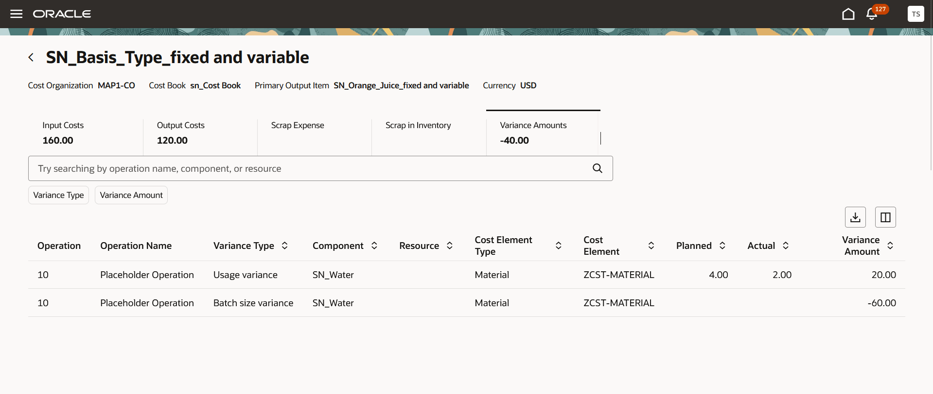 Work Order Costs UI where the variance is computed at operation, item, and basis type level, generating both usage and batch size variance