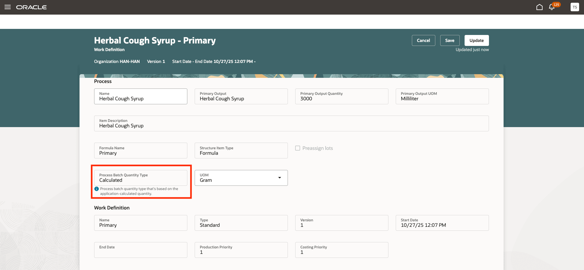 Work definition for a Calculated Process Batch Quantity Type