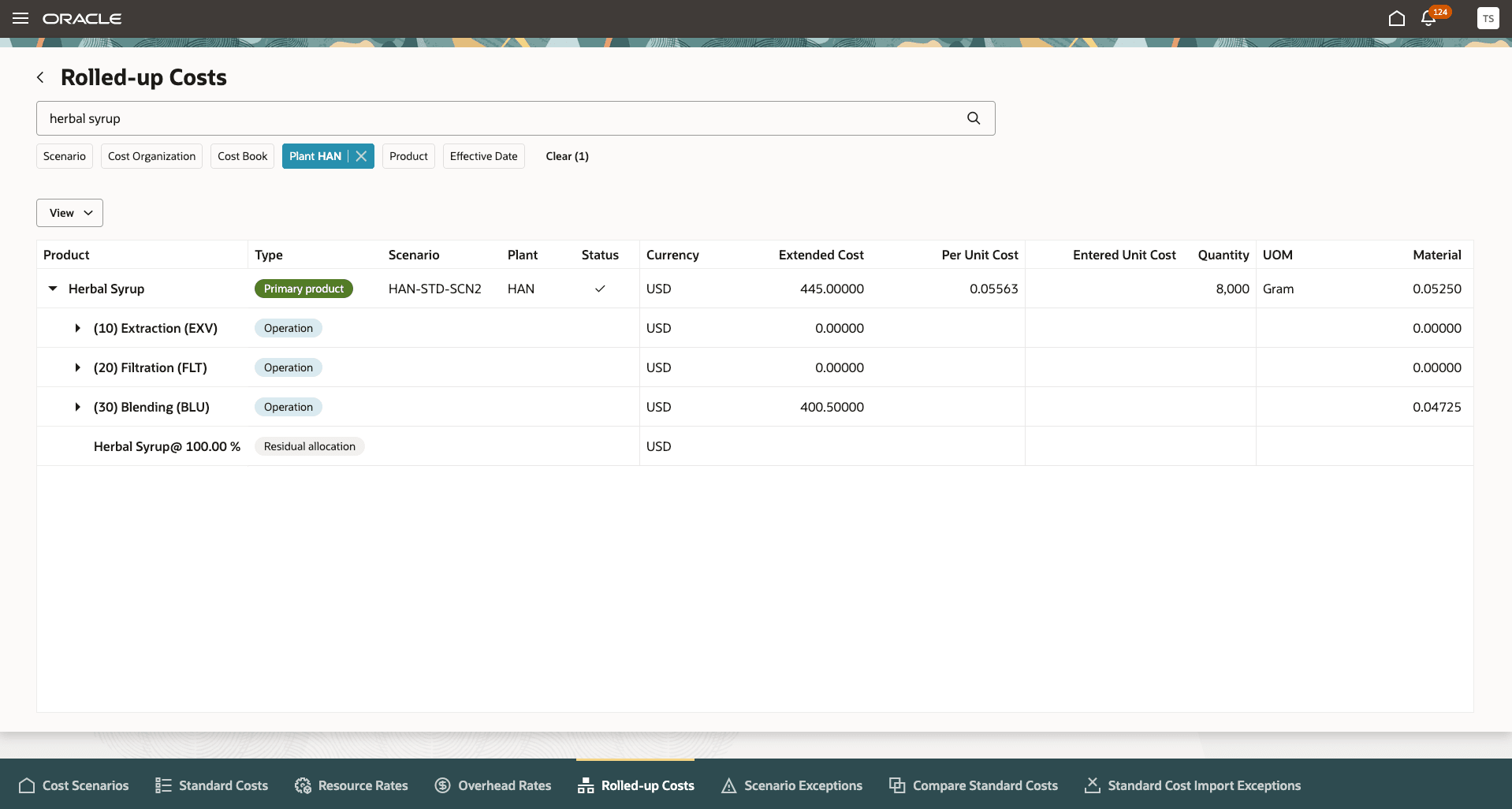 Standard Cost Calculation Based on Work Definitions