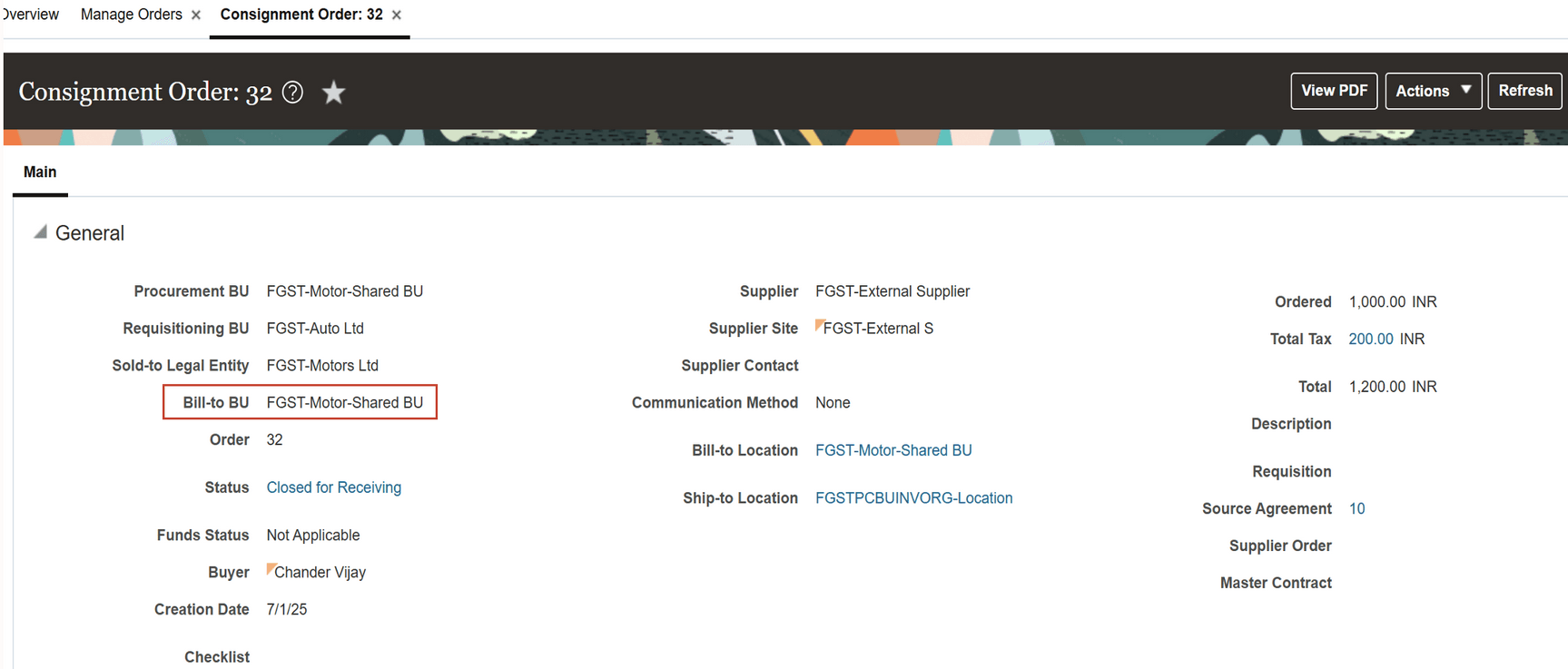Screenshot of the consigned purchase order and the Bill-to BU for the order