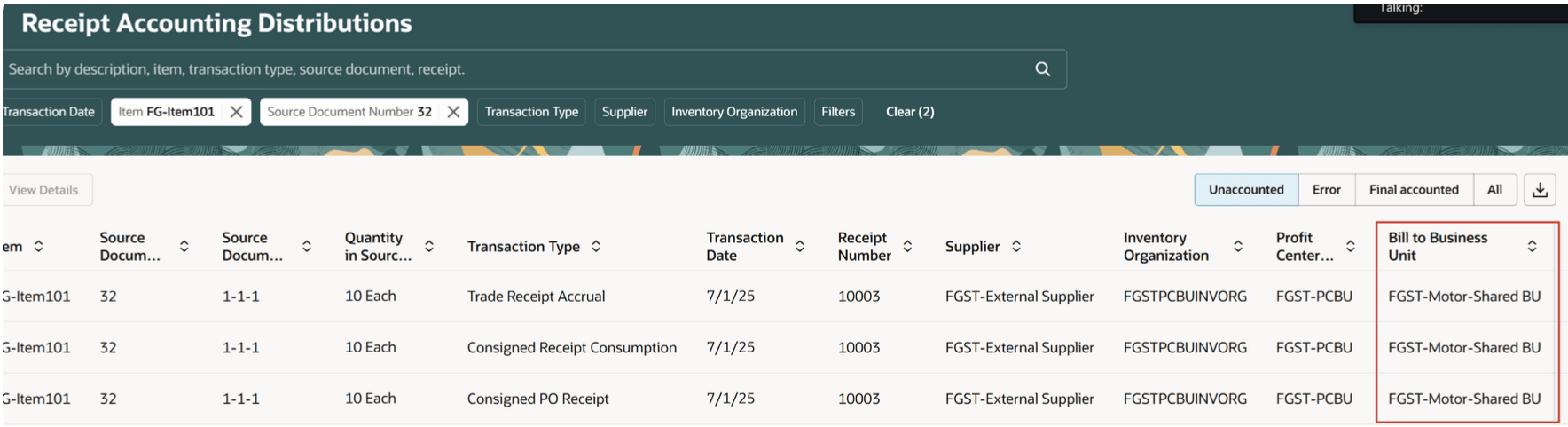 Screenshot of receipt accounting distributions with the correct Bill-to BU as recorded on the purchase order