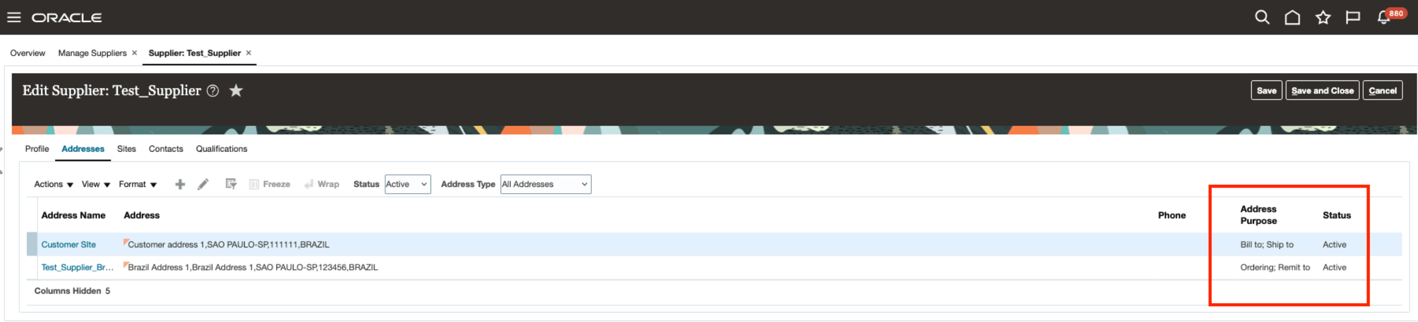 Screenshot of the supplier sites configuration with different address purpose.